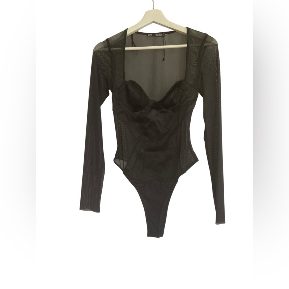 Zara Black Fitted Bustier Satin Mesh Bodysuit Size Small
